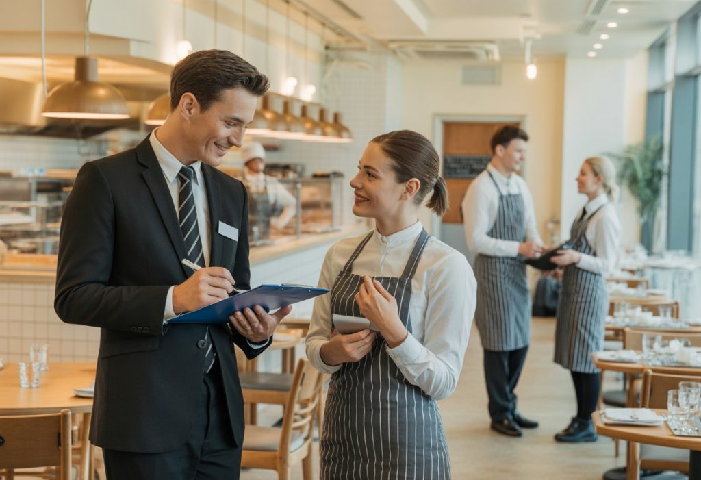 Un inspector y un gerente de restaurante revisan documentos durante una inspección en un restaurante moderno y limpio.