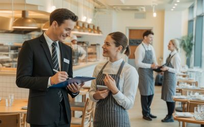 Un inspector y un gerente de restaurante revisan documentos durante una inspección en un restaurante moderno y limpio.