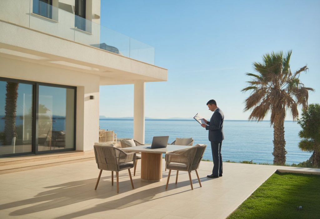 Casa de alquiler vacacional en la Costa del Sol con una persona revisando documentos en una mesa al aire libre frente al mar.
