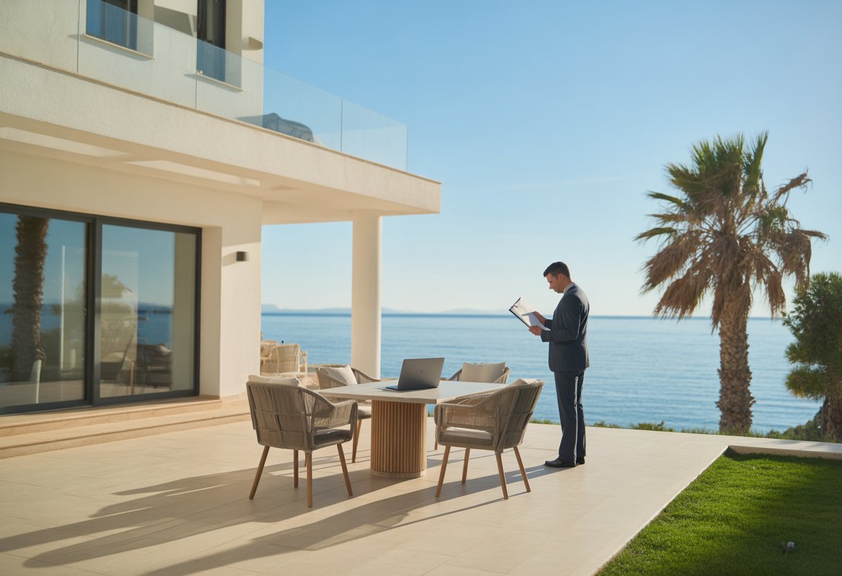 Casa de alquiler vacacional en la Costa del Sol con una persona revisando documentos en una mesa al aire libre frente al mar.