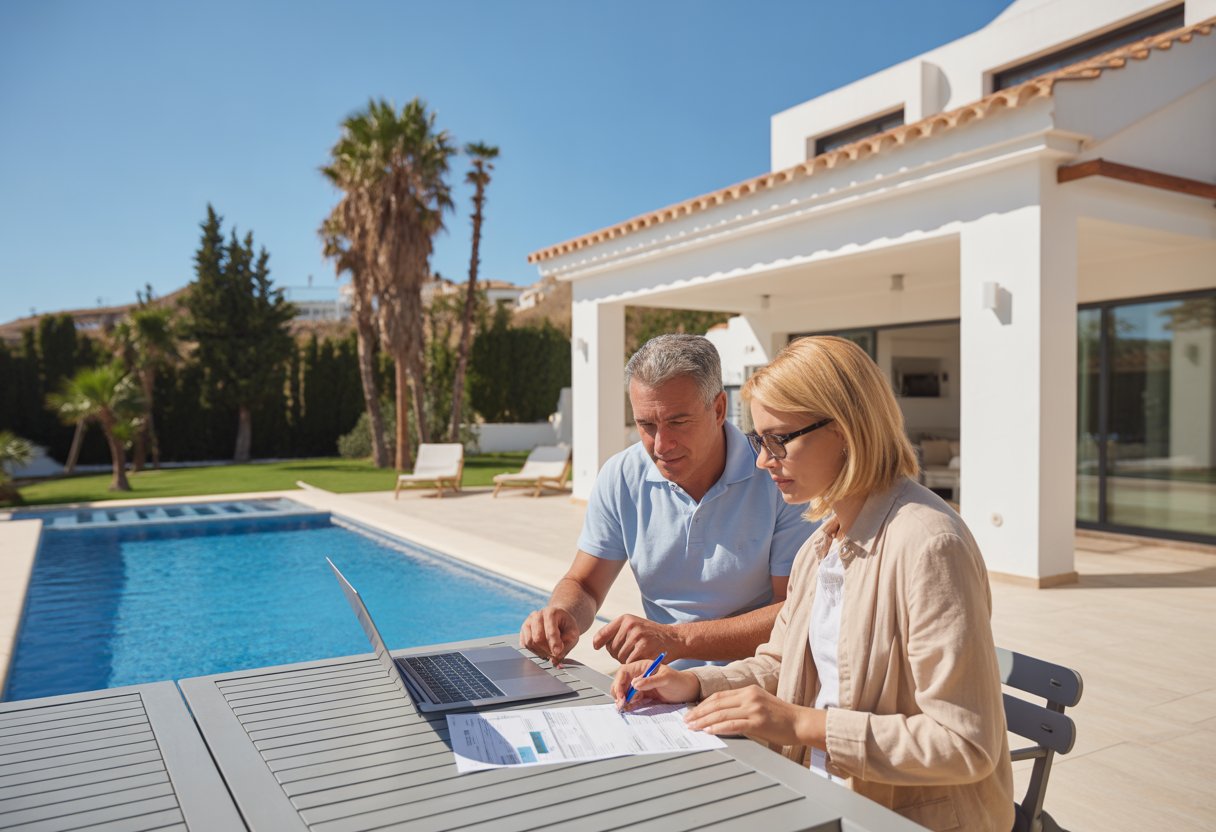 Pareja revisando documentos financieros en el patio de una casa de alquiler vacacional junto a una piscina en la Costa del Sol.